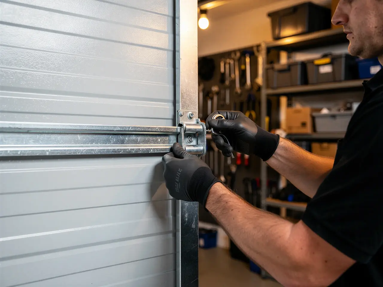 A technician in black gloves adjusts a metal bracket on a gray garage door.