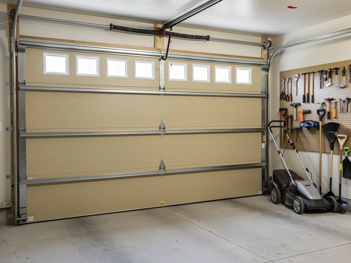 A tan garage door with windows is closed in a garage with tools on a pegboard.